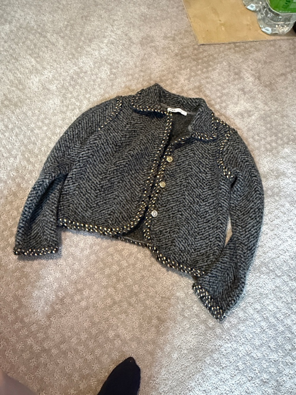 Zara Gray Herringbone Cropped Blazer with Contrast Trim